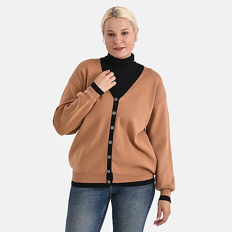 - MAISI Classic V-Neck Contrast Trim Cardigan (Size S) - Brown - Black