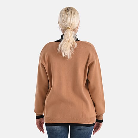 - MAISI Classic V-Neck Contrast Trim Cardigan (Size M) - Brown - Black