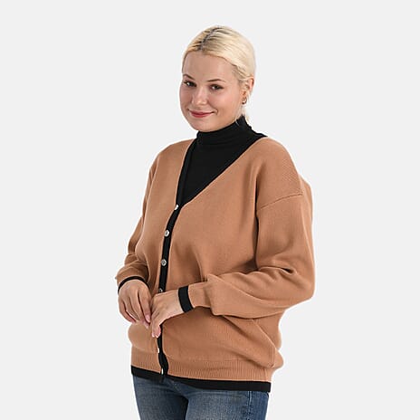 - MAISI Classic V-Neck Contrast Trim Cardigan (Size L) - Brown - Black