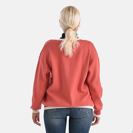 - Maisi Classic V-Neck Button Up Knitted Cardigan (Size XL) - Coral - White