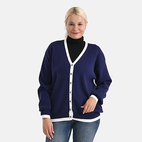 - MAISI Classic V-Neck Contrast Trim Cardigan (Size S) - Navy - White