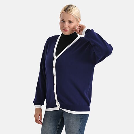 - MAISI Classic V-Neck Contrast Trim Cardigan (Size S) - Navy - White