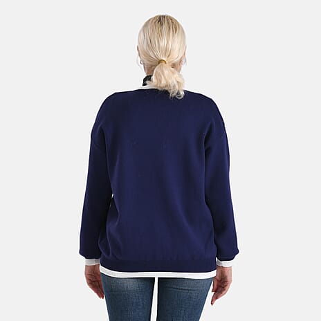 - MAISI Classic V-Neck Contrast Trim Cardigan (Size M) - Navy - White