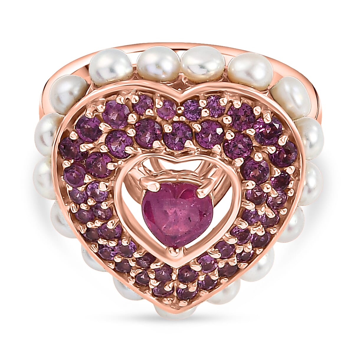 African Ruby, Rhodolite Garnet, Pearl Main Stone With Side Stone Ring in 18K RG VermeilSterling Silver, Silver Wt.6 Gms  5.144  Ct.