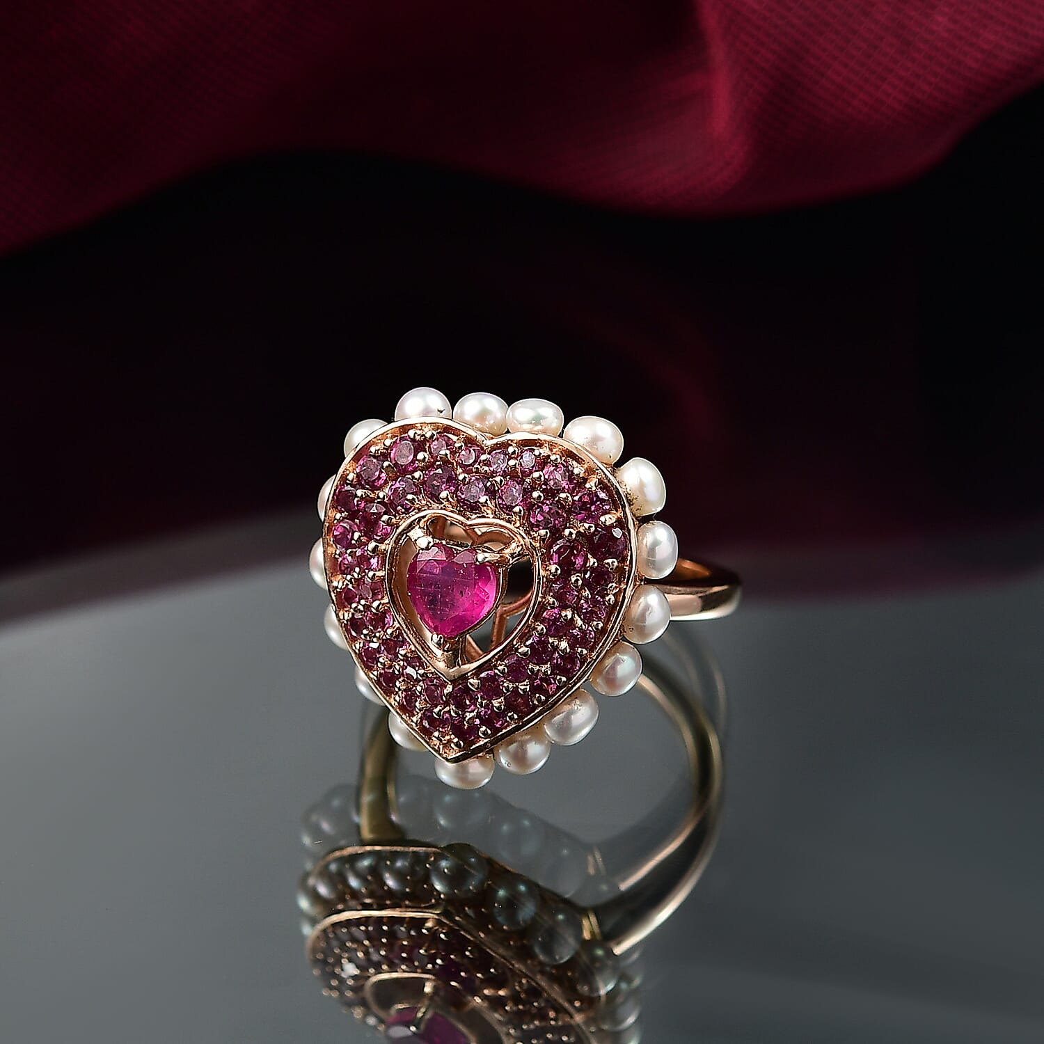 African Ruby, Rhodolite Garnet, Pearl Main Stone With Side Stone Ring in 18K RG VermeilSterling Silver, Silver Wt.6 Gms  5.144  Ct.
