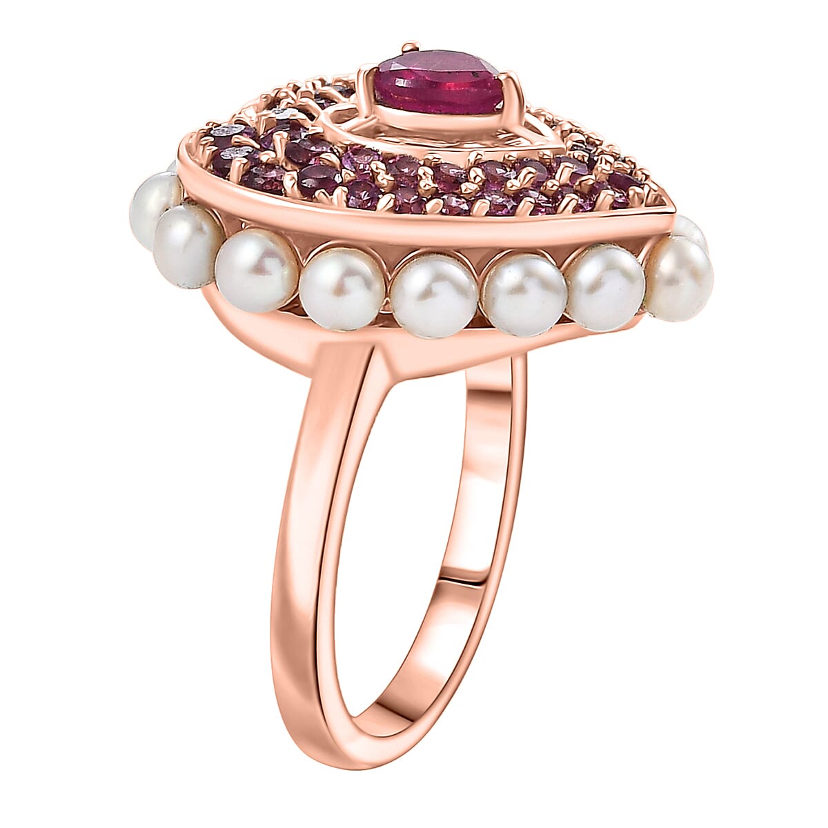 African Ruby, Rhodolite Garnet, Pearl Main Stone With Side Stone Ring in 18K RG VermeilSterling Silver, Silver Wt.6 Gms  5.144  Ct.