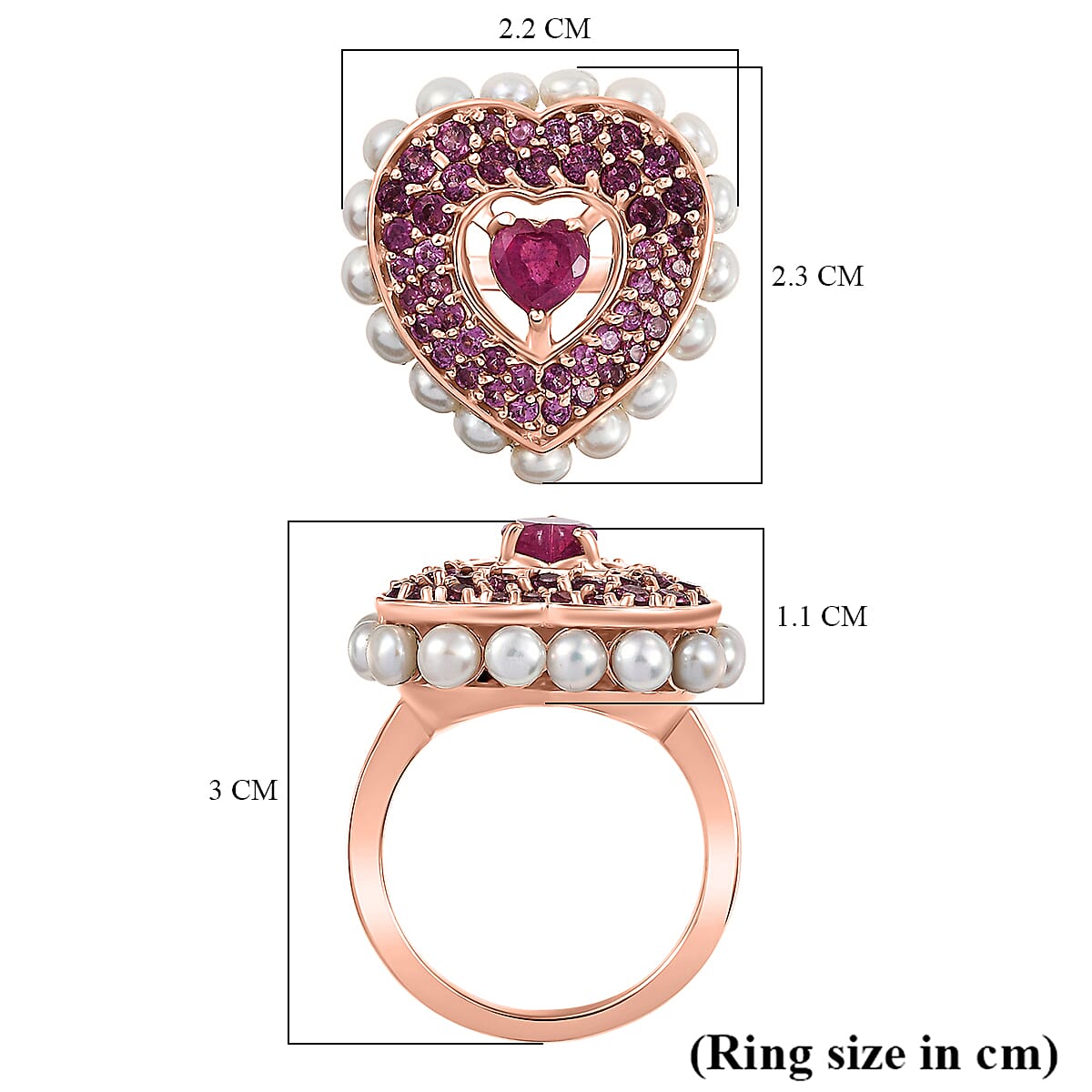 African Ruby, Rhodolite Garnet, Pearl Main Stone With Side Stone Ring in 18K RG VermeilSterling Silver, Silver Wt.6 Gms  5.144  Ct.