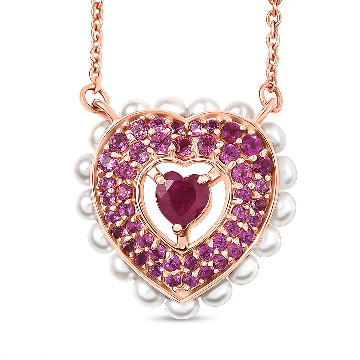 African Ruby, Rhodolite Garnet, Pearl Cluster Necklace (Size - 20) in 18K RG VermeilSterling Silver, Silver Wt.5.5 Gms  5.232  Ct.