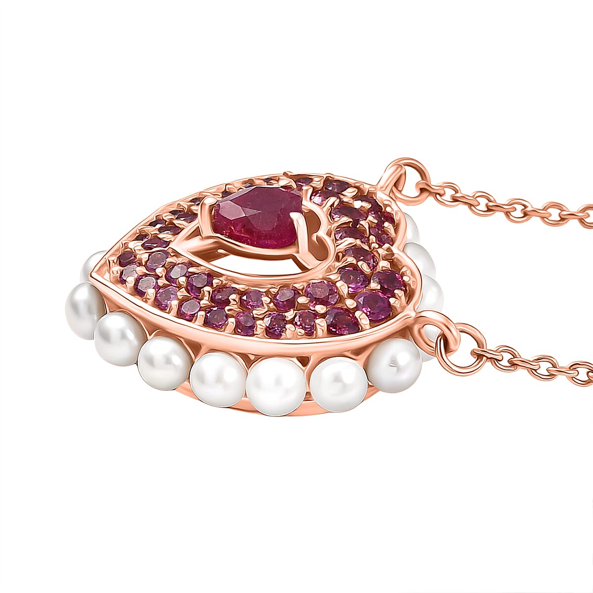 African Ruby, Rhodolite Garnet, Pearl Cluster Necklace (Size - 20) in 18K RG VermeilSterling Silver, Silver Wt.5.5 Gms  5.232  Ct.