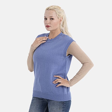 - Maisi 100% Cotton Round Neck Knitted Vest (Size S) - Blue