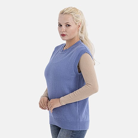 - Maisi 100% Cotton Round Neck Knitted Vest (Size S) - Blue