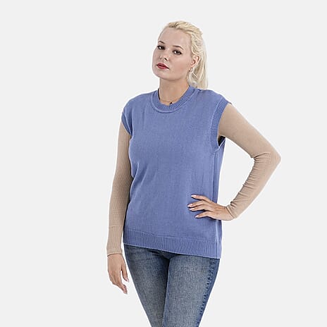 - Maisi 100% Cotton Round Neck Knitted Vest (Size L) - Blue