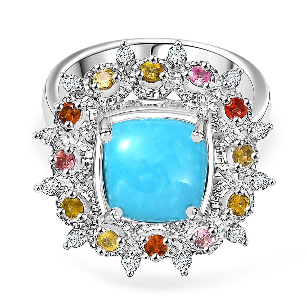 Sleeping Beauty Turquoise, White Zircon & Multi-Tourmaline Cosmo  Ring in Rhodium Overlay Sterling Silver 3.28 Ct.