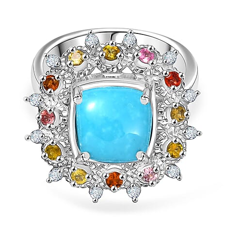Sleeping Beauty Turquoise, White Zircon & Multi-Tourmaline Cosmo  Ring in Rhodium Overlay Sterling Silver 3.28 Ct.
