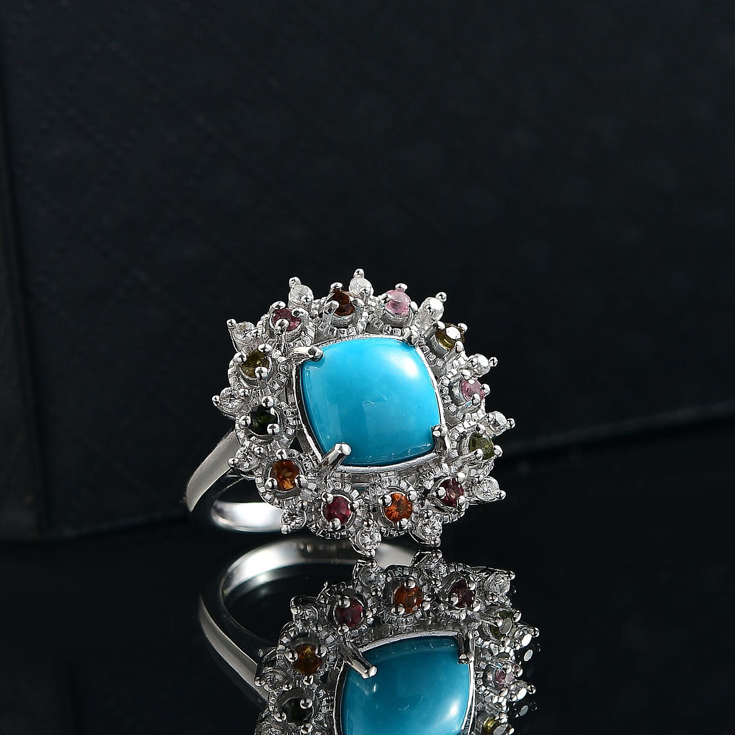 Sleeping Beauty Turquoise, White Zircon & Multi-Tourmaline Cosmo  Ring in Rhodium Overlay Sterling Silver 3.28 Ct.