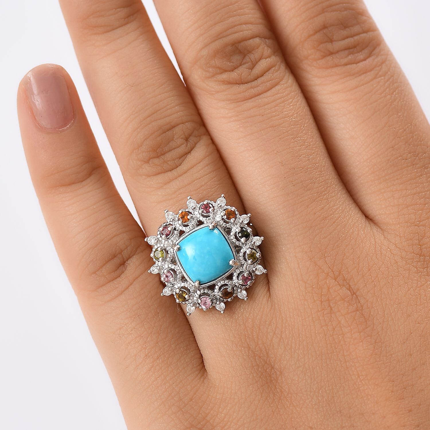 Sleeping Beauty Turquoise, White Zircon & Multi-Tourmaline Cosmo  Ring in Rhodium Overlay Sterling Silver 3.28 Ct.