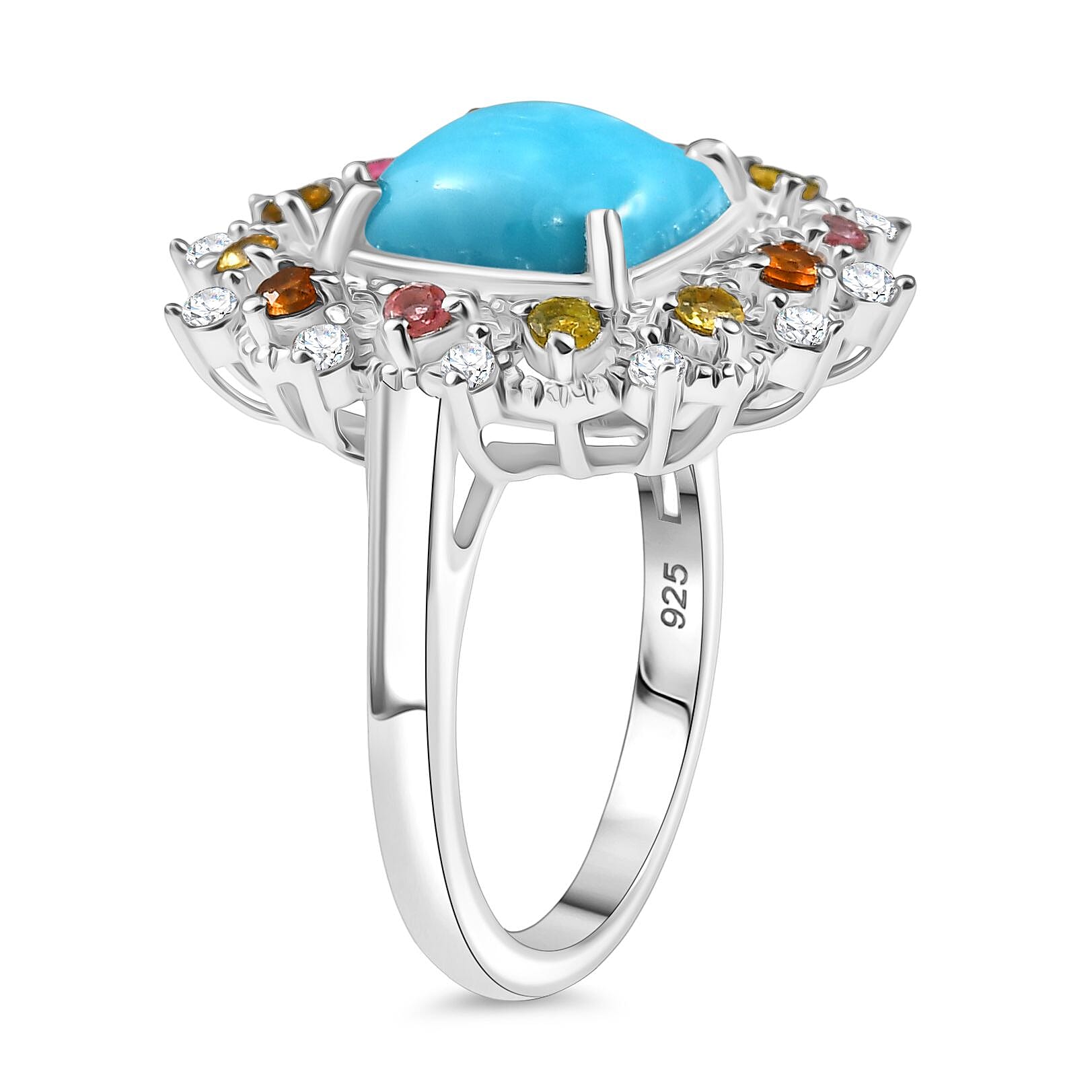 Sleeping Beauty Turquoise, White Zircon & Multi-Tourmaline Cosmo  Ring in Rhodium Overlay Sterling Silver 3.28 Ct.