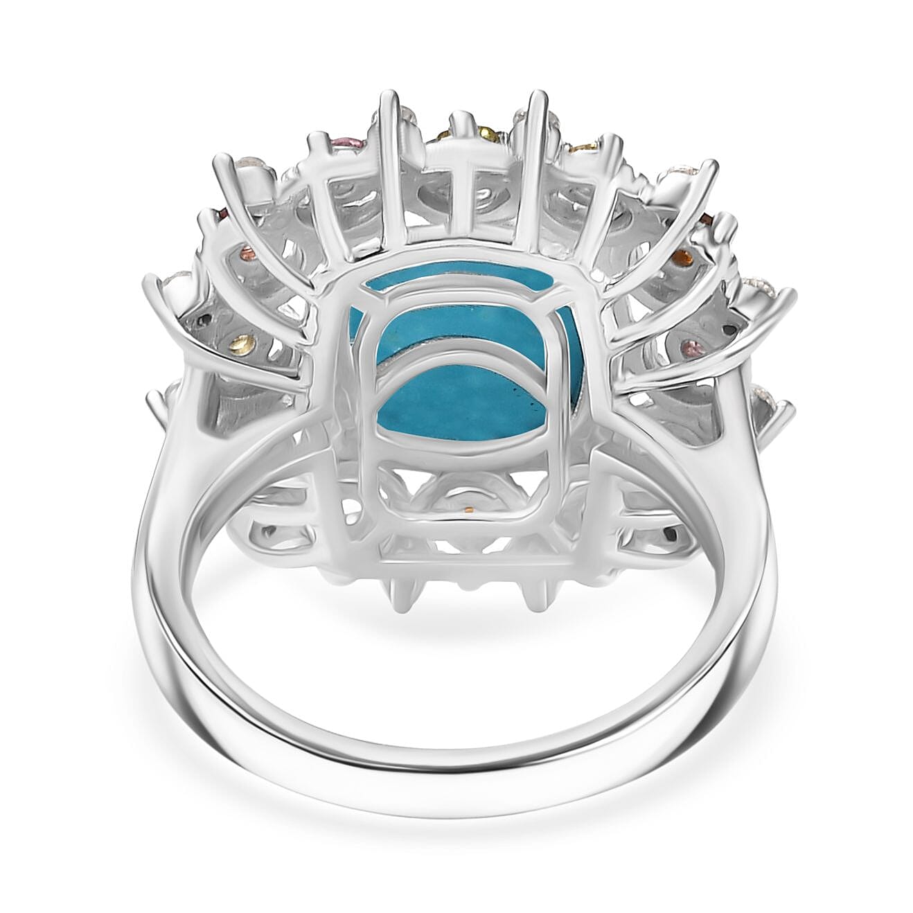 Sleeping Beauty Turquoise, White Zircon & Multi-Tourmaline Cosmo  Ring in Rhodium Overlay Sterling Silver 3.28 Ct.