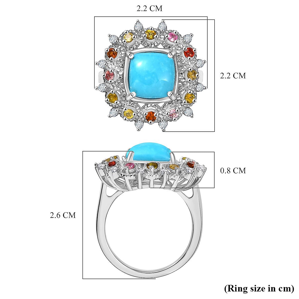 Sleeping Beauty Turquoise, White Zircon & Multi-Tourmaline Cosmo  Ring in Rhodium Overlay Sterling Silver 3.28 Ct.