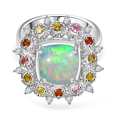 Ethiopian Opal, White Zircon & Multi-Tourmaline Cosmo Ring in Rhodium Overlay Sterling Silver 2.62 Ct.