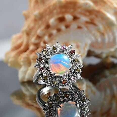 Ethiopian Opal, White Zircon & Multi-Tourmaline Cosmo Ring in Rhodium Overlay Sterling Silver 2.62 Ct.
