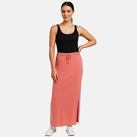 Womens Drawstring Waist Maxi Skirt with Slit (Size M) - Coral