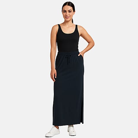 Womens Drawstring Waist Long Skirt with Slit (Size S) - Dark Grey