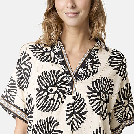 QED Floral Print & Gold Detail Loose Fit Collared Viscose Shirt Dress (One Size) - Black