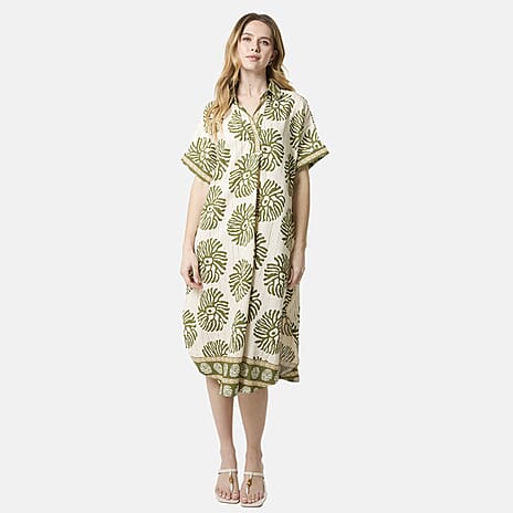 QED Floral Print & Gold Detail Loose Fit Collared Viscose Shirt Dress (One Size) - Khaki