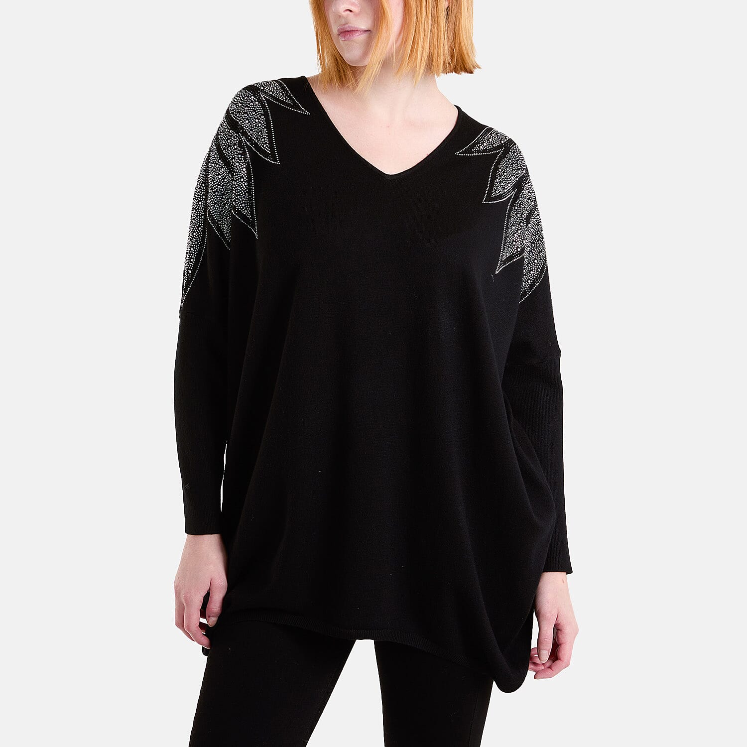 QED Embellished Shoulder V-Neck Jumper (One Size) - Black