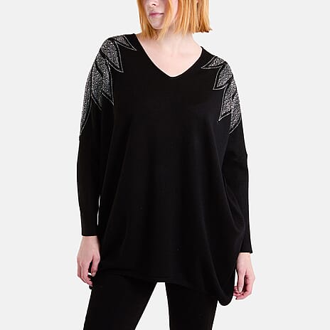 QED Embellished Shoulder V-Neck Jumper (One Size) - Black