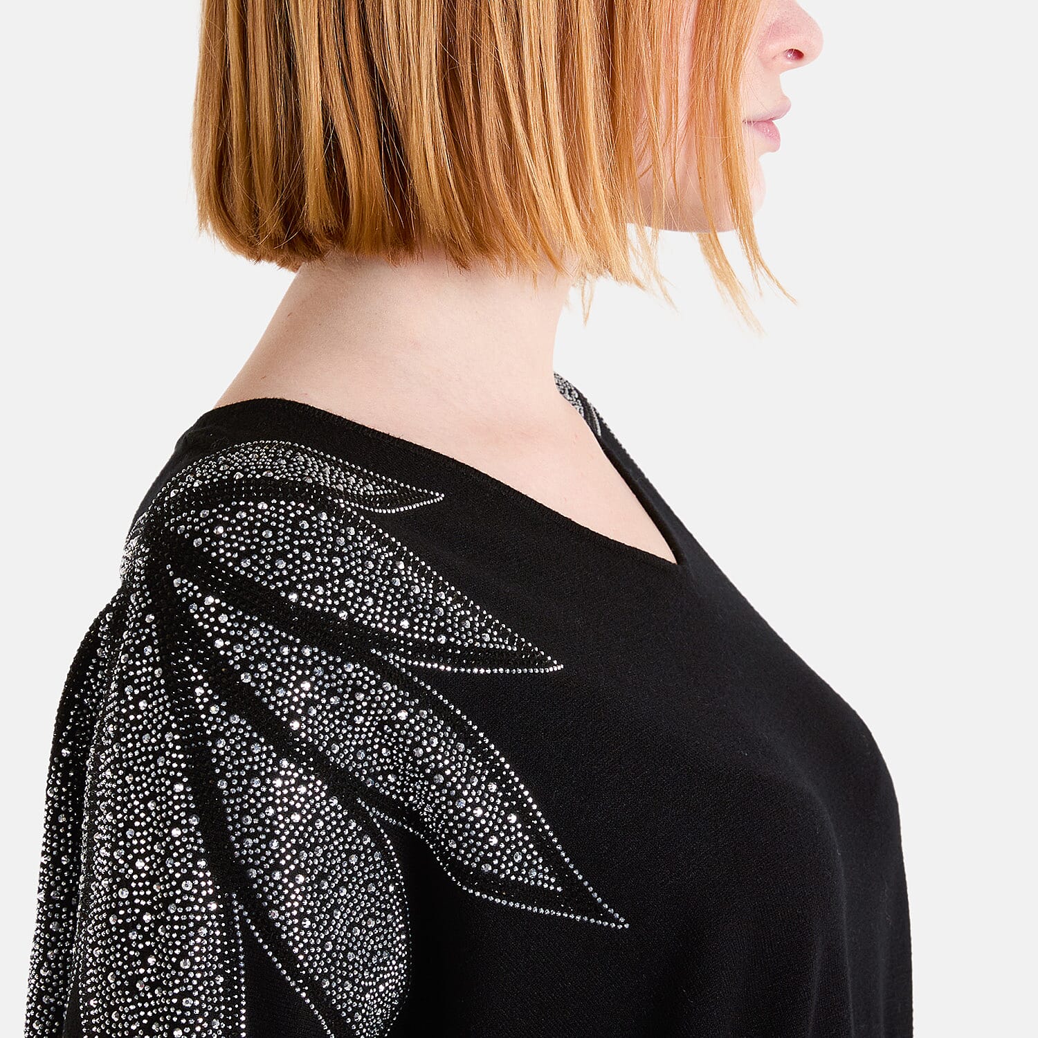 QED Embellished Shoulder V-Neck Jumper (One Size) - Black