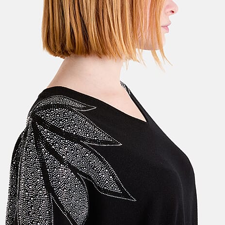 QED Embellished Shoulder V-Neck Jumper (One Size) - Black
