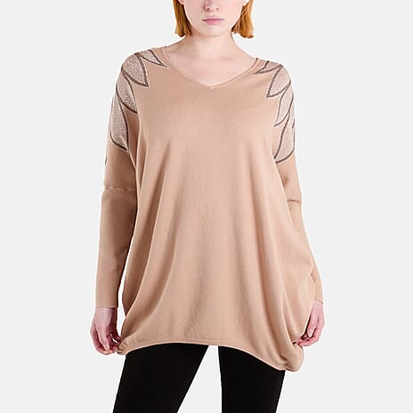 QED Embellished Shoulder V-Neck Jumper (One Size) - Camel