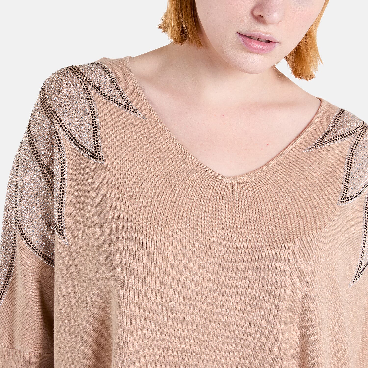 QED Embellished Shoulder V-Neck Jumper (One Size) - Camel