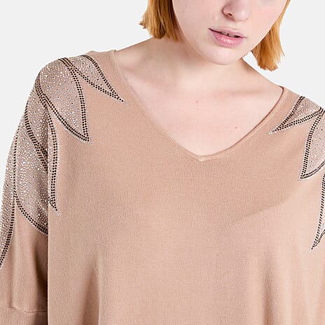 QED Embellished Shoulder V-Neck Jumper (One Size) - Camel