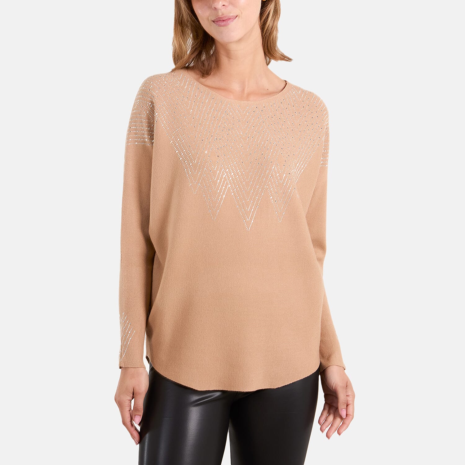 QED Zig Zag Embellished Jumper (One Size, M-L) - Camel