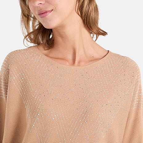 QED Zig Zag Embellished Jumper (One Size, M-L) - Camel