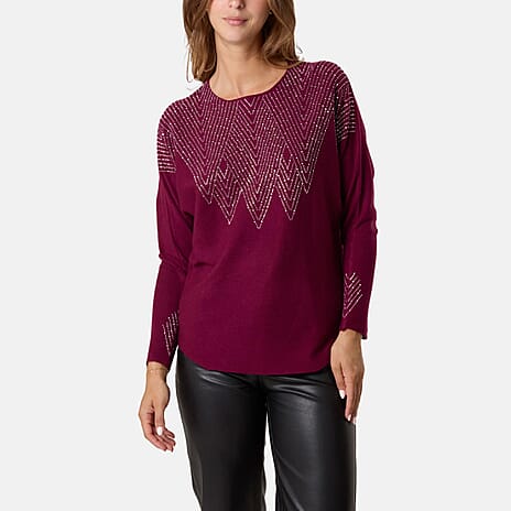 QED Zig Zag Embellished Jumper (One Size, M-L) - Plum