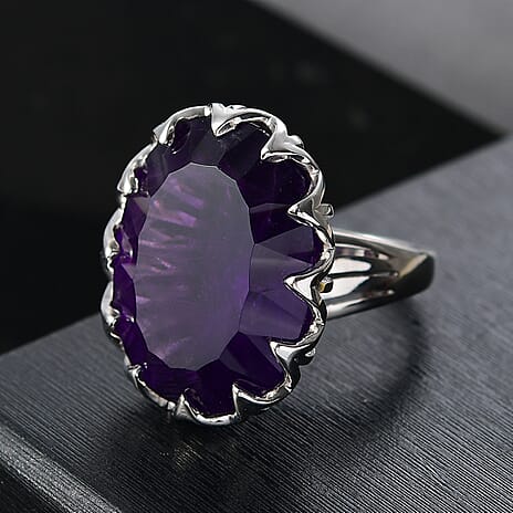 AAA African Amethyst Concave Cut Solitaire Ring in Rhodium OverlaySterling Silver 35.322  Ct.