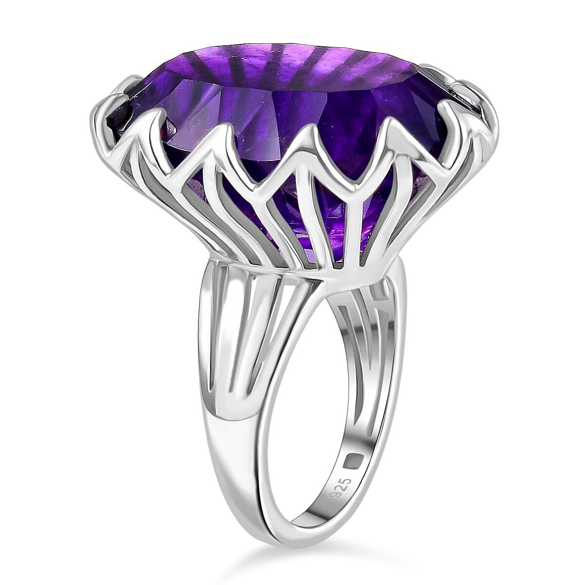 AAA African Amethyst Concave Cut Solitaire Ring in Rhodium OverlaySterling Silver 35.322  Ct.