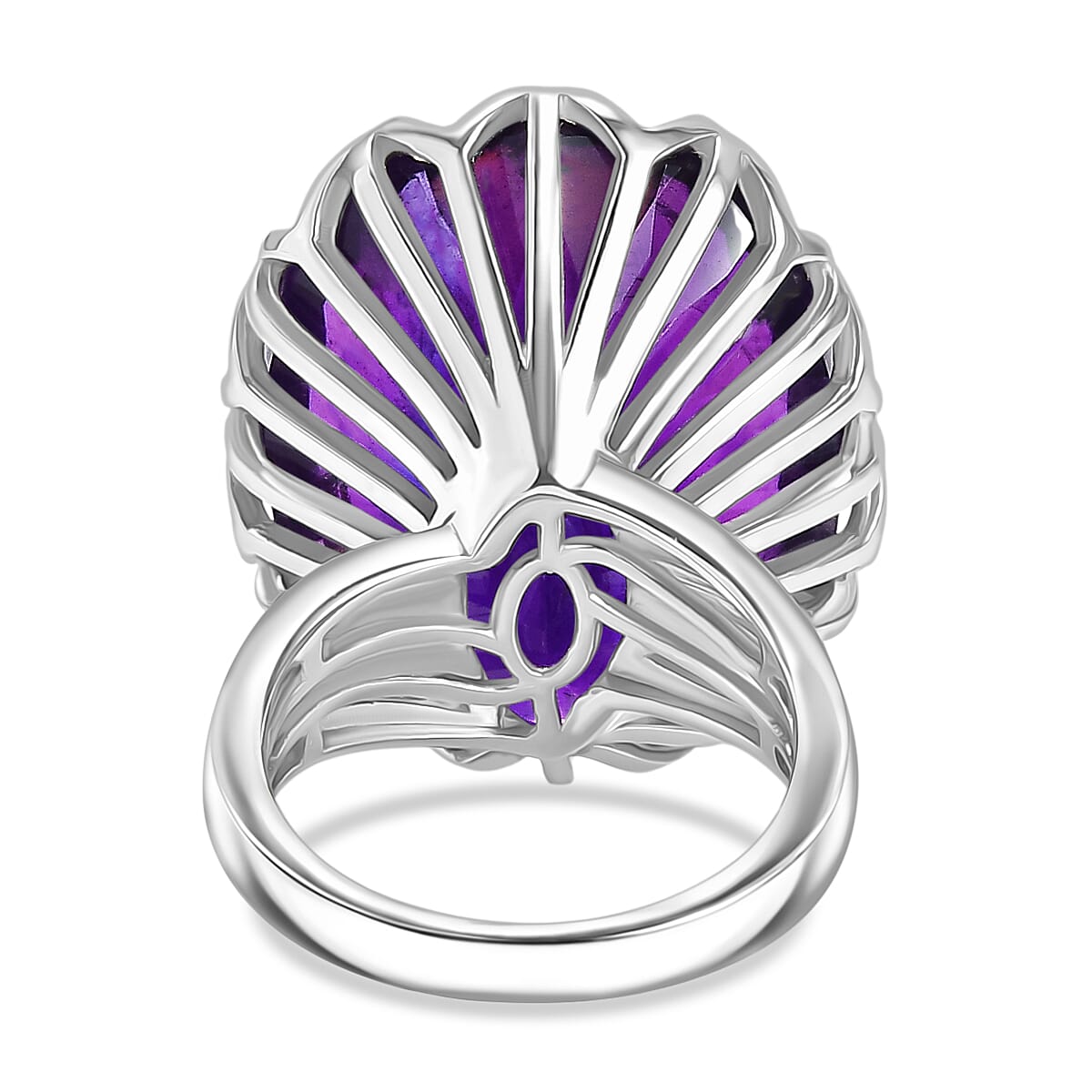 AAA African Amethyst Concave Cut Solitaire Ring in Rhodium OverlaySterling Silver 35.322  Ct.