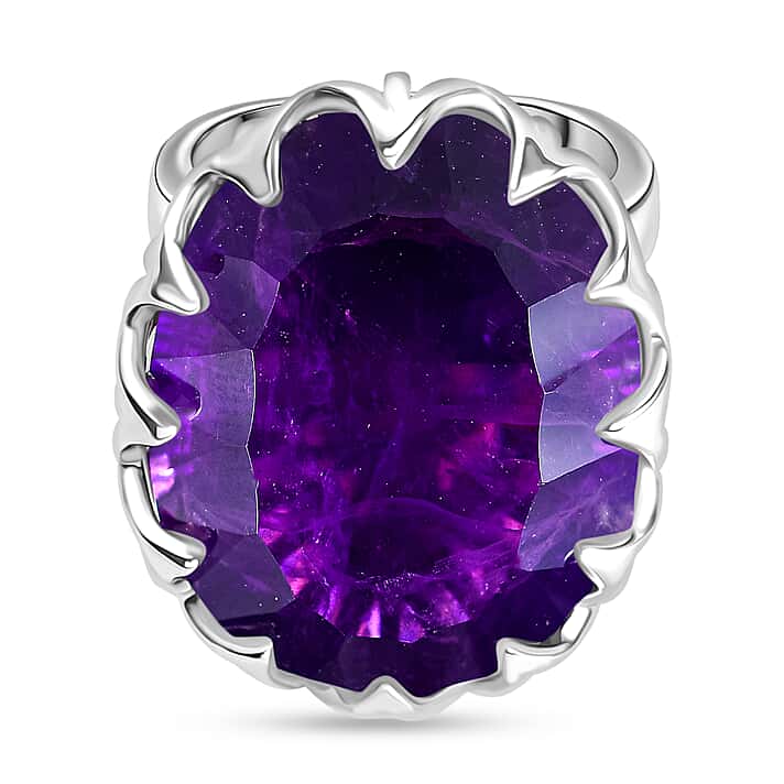 AAA African Amethyst Concave Cut Solitaire Ring in Rhodium OverlaySterling Silver 35.322 Ct.