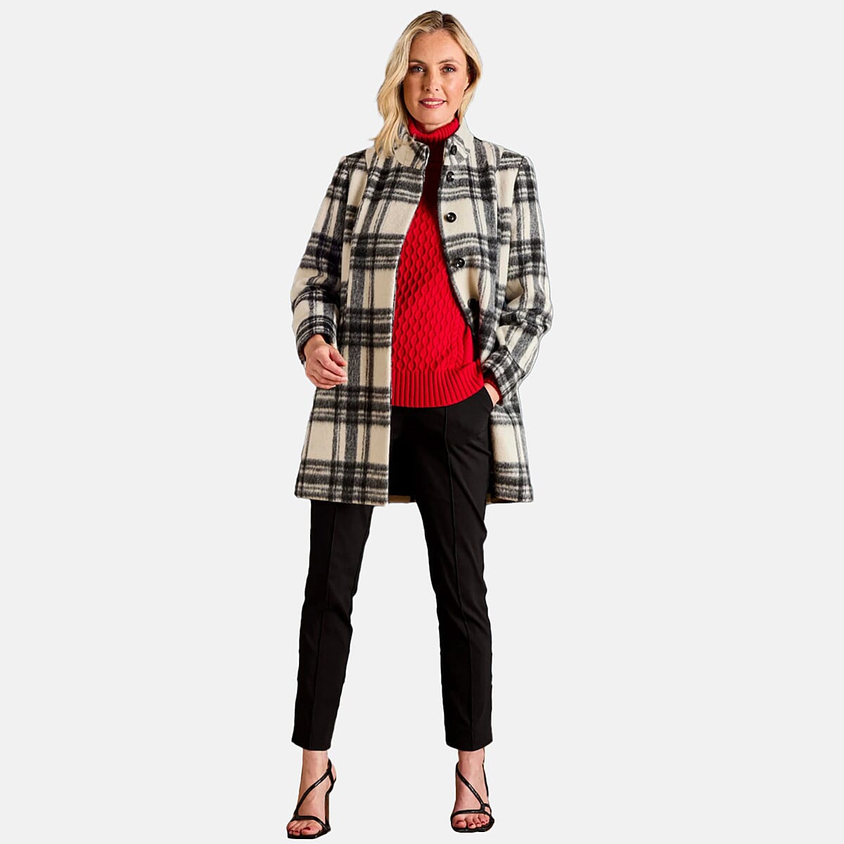 Emreco Check Funnel Neck Coat (Size 10) - Black & White