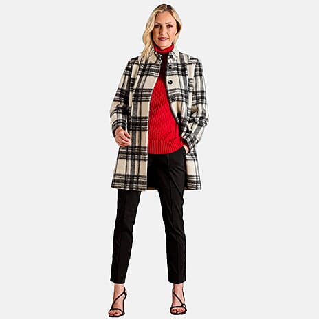 Emreco Check Funnel Neck Coat (Size 14) - Black & White