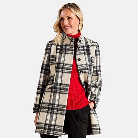 Emreco Check Funnel Neck Coat (Size 16) - Black & White