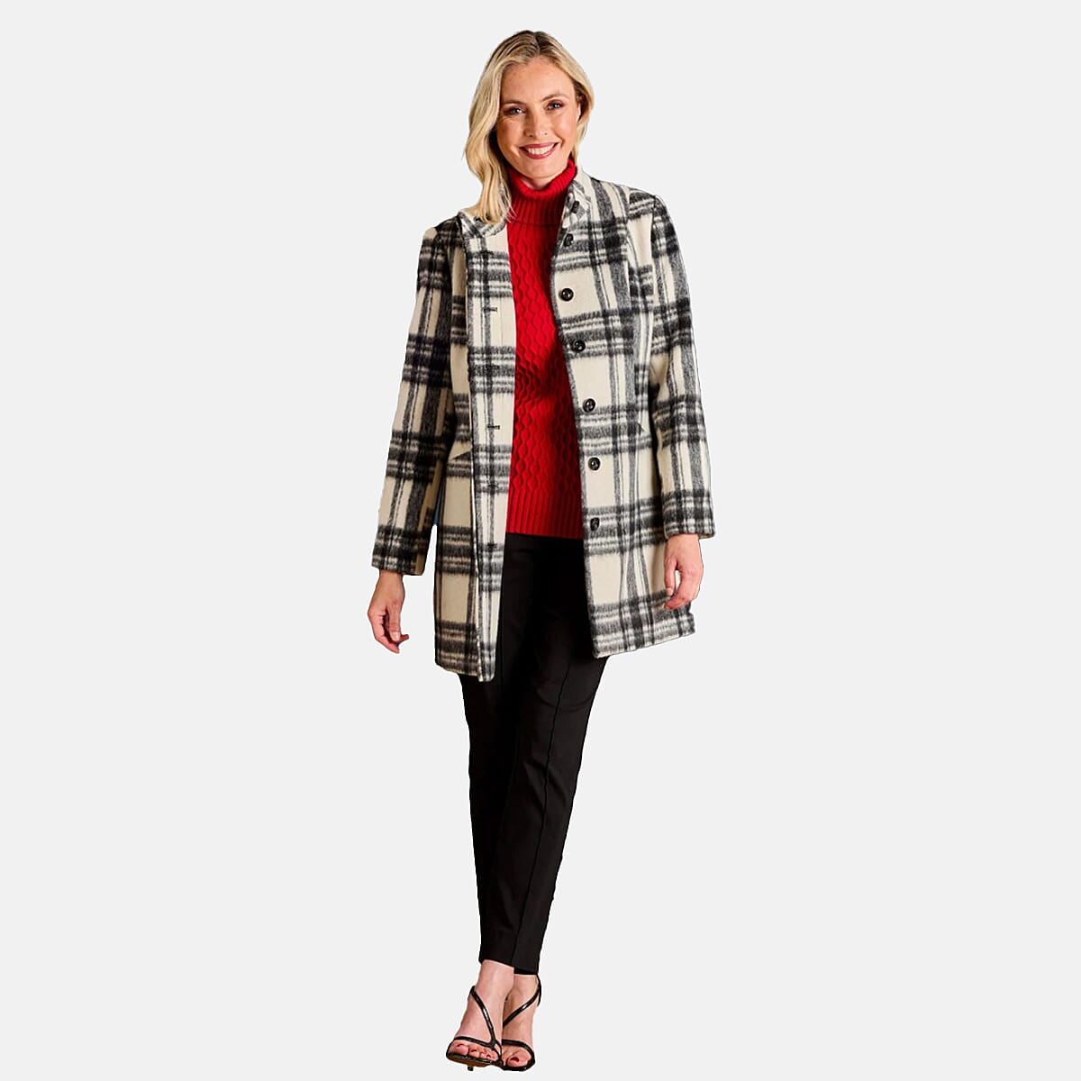 Emreco Check Funnel Neck Coat (Size 18) - Black & White