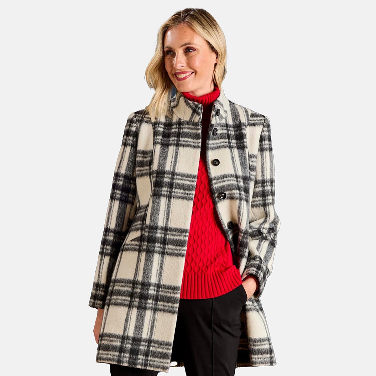 Emreco Check Funnel Neck Coat (Size 20) - Black & White