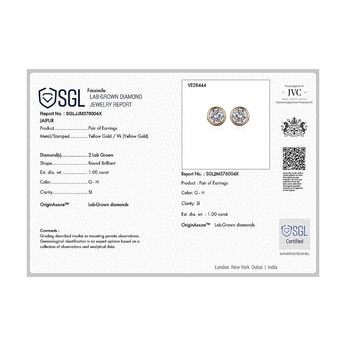 Designer Inspired Luxuriant 9K Yellow Gold SGL Certified Lab Grown Diamond (SI-GH)Stud Earring with Push Back 1.00 Ct.