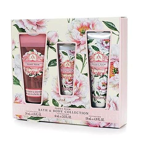 Aromas Artesanales de Antigua Bath & Body Collection Peony Plum Set with Body Wash 200ml, Hand Cream 60ml, & Body Cream 130ml